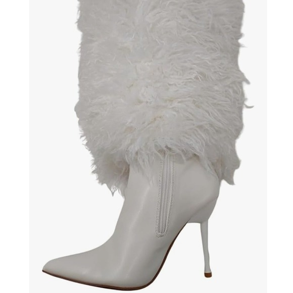Premium Women White Shaggy Faux Fur Pointed Toe Stiletto Knee High Boots Size 9 - Picture 7 of 8